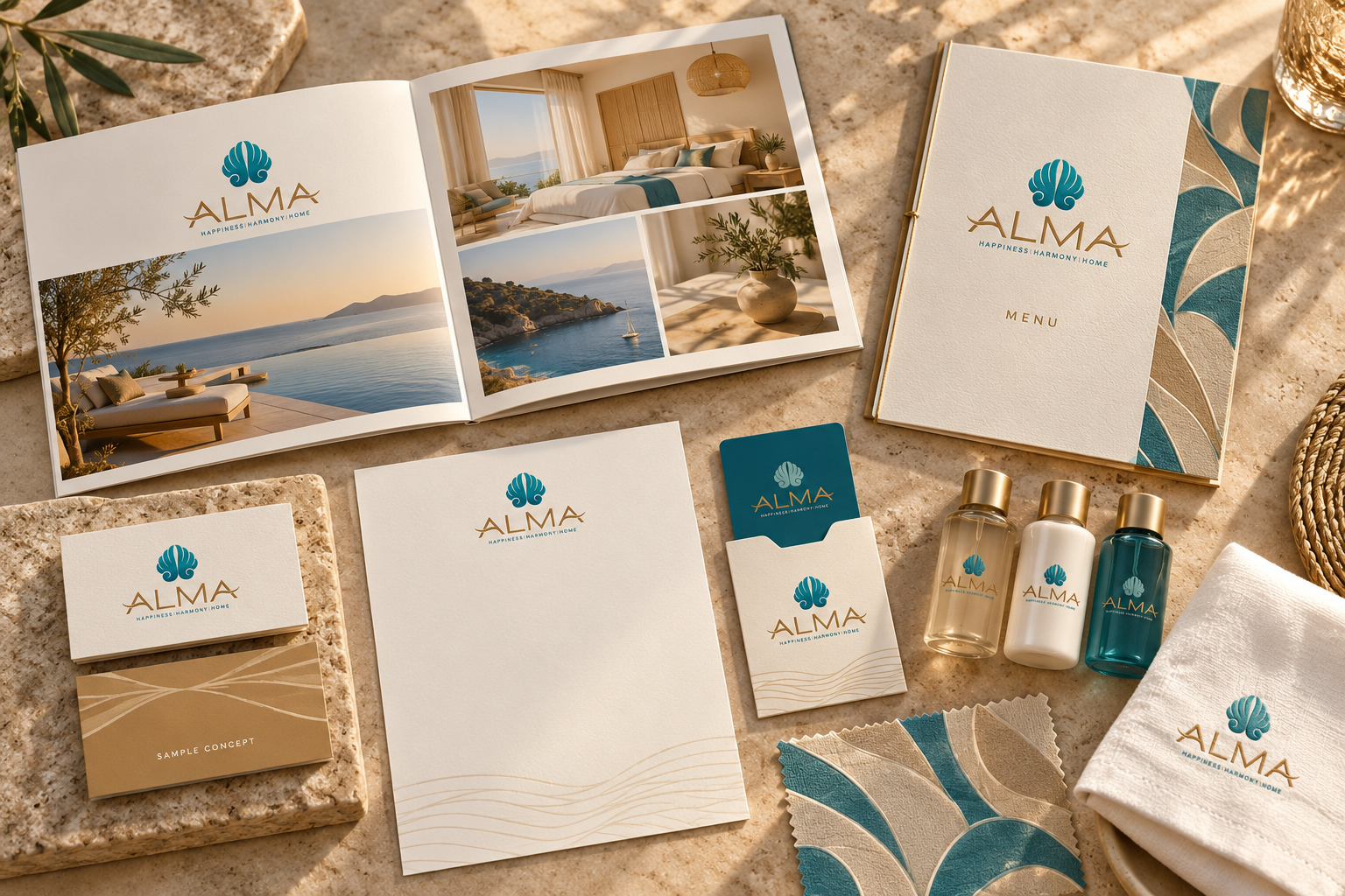 Illustrative Alma Resort concept: brochure, restaurant menu, stationery, room key and toiletries