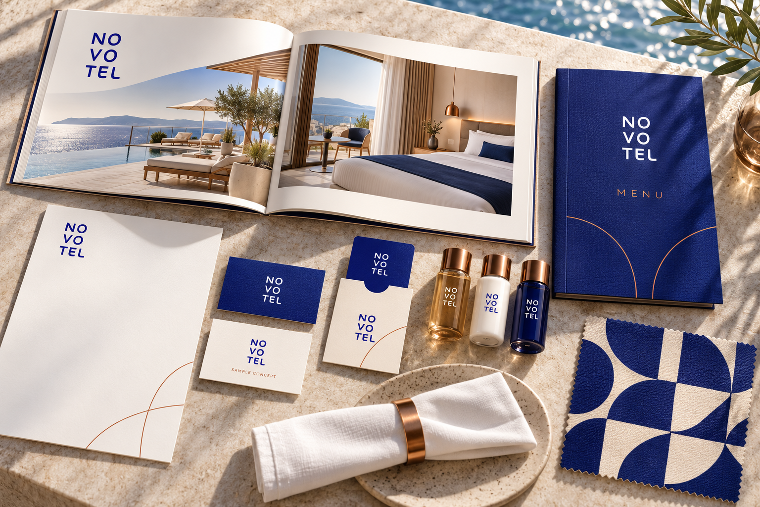 Illustrative Novotel Nha Trang concept: brochure, restaurant menu, stationery, room key and toiletries